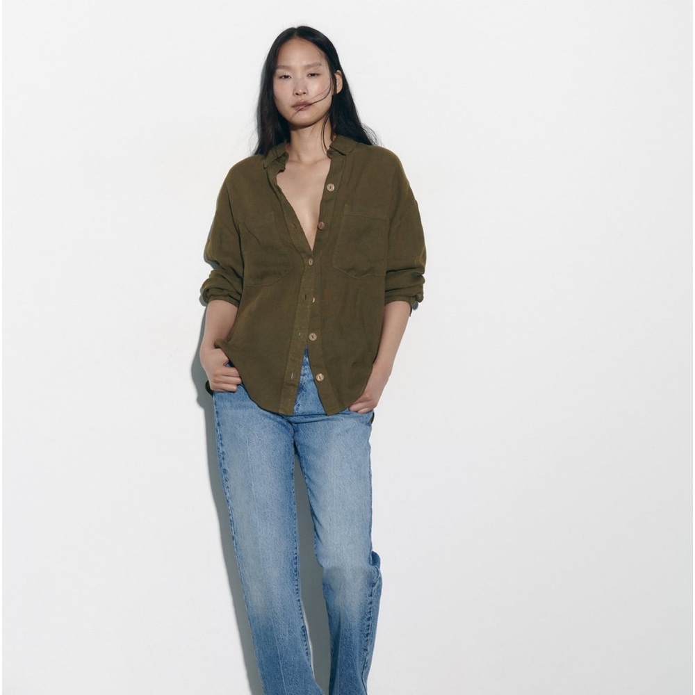 100% Linen ZARA Forest Green Shirt